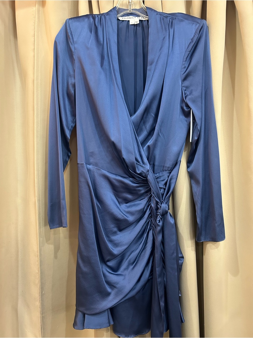 Veronica Beard Steel Blue Satin Wrap Dress with Knot Detail